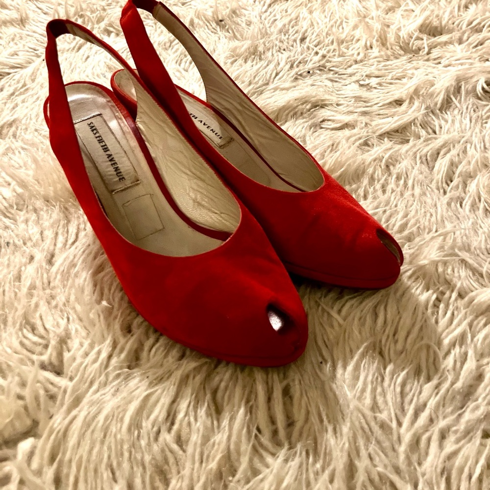 Saks Fifth Avenue Red Slingback Peep Toe Heels